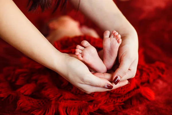 Mãe segura as pernas de um bebê recém-nascido em um fundo vermelho — Fotografia de Stock