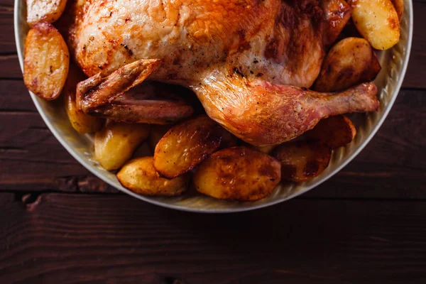 Fried Chicken Golden Crust Dark Wooden Background Top View Close — Stock Photo, Image