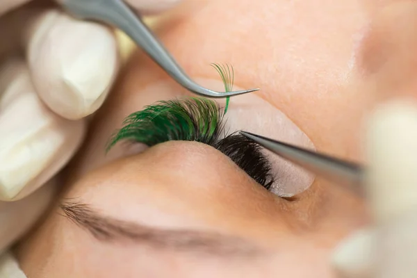 Meester Bouwt Grote Gekleurde Wimpers Aan Cliënt Voorbereiding Voor Beauty — Stockfoto