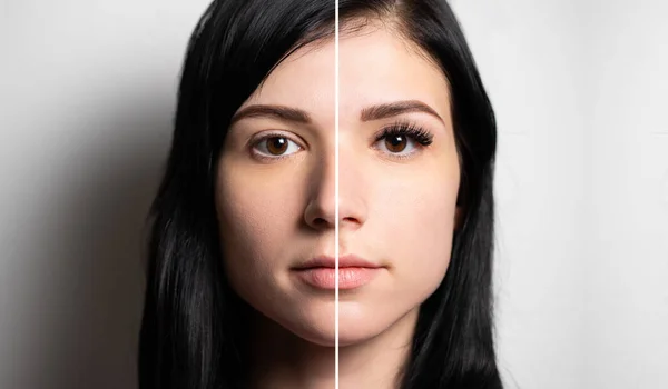 Collage, die die Augen des Kunden mit dem Wimperntuscher vergleicht — Stockfoto
