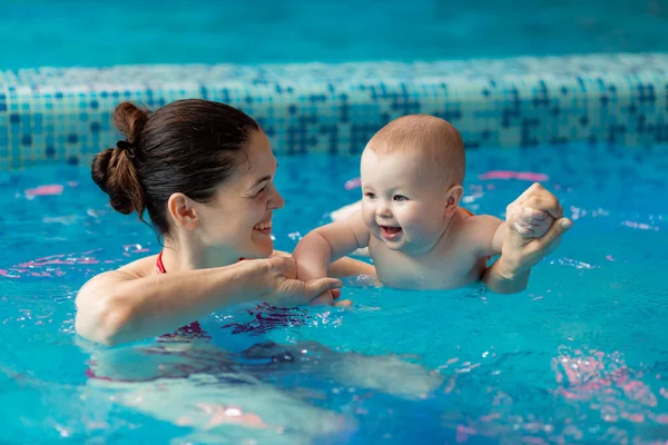 Mom Develops Baby Muscles Doing Various Exercises Pool Teaches Swim Stock Photo