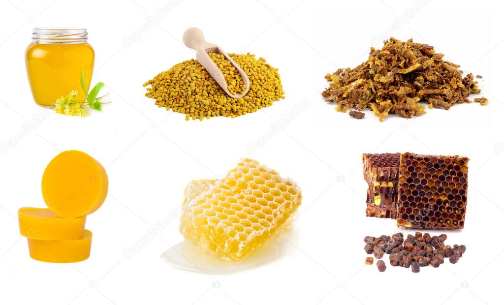 Set of beekeeping products on a white background. Honey, pollen, propolis, bee bread, beeswax. Healthy foods.