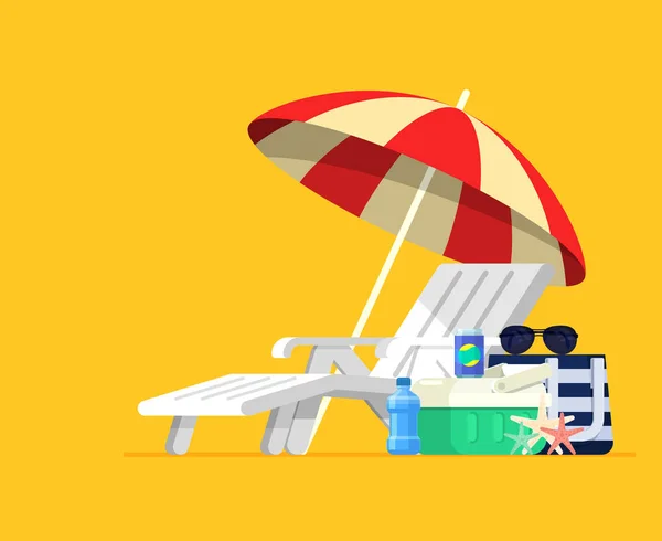 Vakantie en reizen-concept. Strand-paraplu, strandstoel. — Stockvector