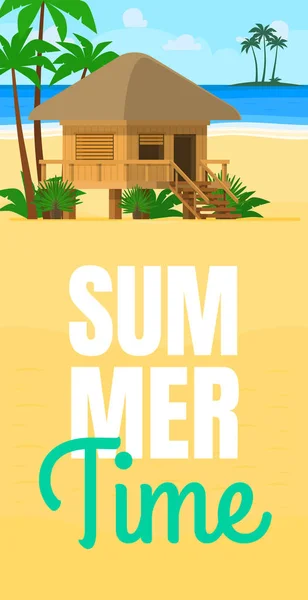 Summer beach house by sunset. Wooden villa suite on palms and sea background. Romantic tropic bungalow or small straw hut for rent or living. Summer travel poster with tropic beach bungalow house. — Stock Vector