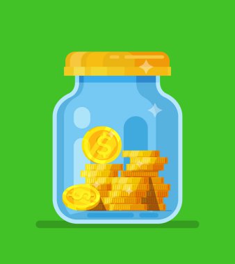 Para kavanozu. Doları para kavanoza kaydetme. kavram vektör çizim düz tasarım stil vektör çizim. Para kavanozu kaydetme.