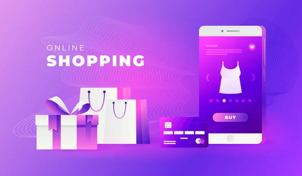 Shopping online su siti web o applicazioni mobili Vector Concept Marketing e marketing digitale. — Vettoriale Stock