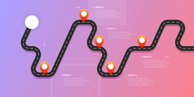 Asfalt yol PIN-işaretçilerle sarma Infographic şablonu. Vektör Eps 10