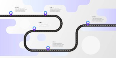 Asfalt yol PIN-işaretçilerle sarma Infographic şablonu. Vektör Eps 10