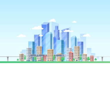 Büyük modern binalar ve banliyösünde bir arka plan üzerinde özel evler ile kentsel peyzaj dağlar ve tepeler. Street, karayolu ile otomobil. Kavram şehir ve banliyö yaşam.