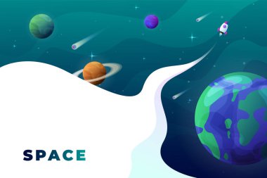 Alanı düz vektör arka plan, gezegenler ve yıldızlar. Senin metin için yer.