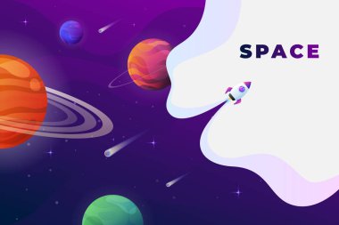 Alanı düz vektör arka plan, gezegenler ve yıldızlar. Senin metin için yer.