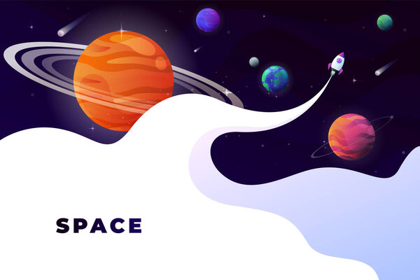 Space flat vector background, planets and stars. Space for your text.