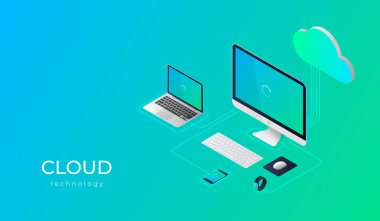Bulut hesap yapmak teknoloji kullanıcılar ağ yapılandırma izometrik reklam poster pc monitör tablet telefon laptop vektör çizim ile
