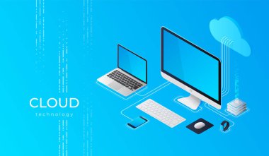 Bulut hesap yapmak teknoloji kullanıcılar ağ yapılandırma izometrik reklam poster pc monitör tablet telefon laptop vektör çizim ile