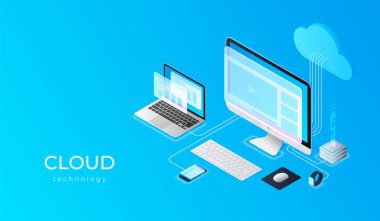 Bulut hesap yapmak teknoloji kullanıcılar ağ yapılandırma izometrik reklam poster pc monitör tablet telefon laptop vektör çizim ile