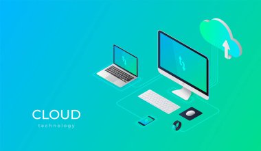 Bulut hesap yapmak teknoloji kullanıcılar ağ yapılandırma izometrik reklam poster pc monitör tablet telefon laptop vektör çizim ile