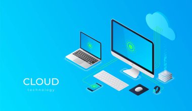 Bulut hesap yapmak teknoloji kullanıcılar ağ yapılandırma izometrik reklam poster pc monitör tablet telefon laptop vektör çizim ile