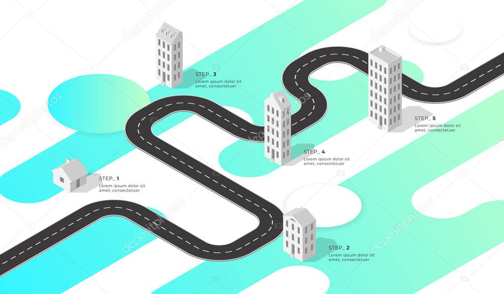 Isometric navigation map infographic. Winding road. Vector illustration.
