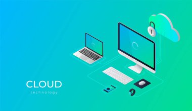 Bulut hesap yapmak teknoloji kullanıcılar ağ yapılandırma izometrik reklam poster pc monitör tablet telefon laptop vektör çizim ile