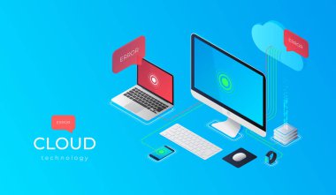 Bulut hesap yapmak teknoloji kullanıcılar ağ yapılandırma izometrik reklam poster pc monitör tablet telefon laptop vektör çizim ile