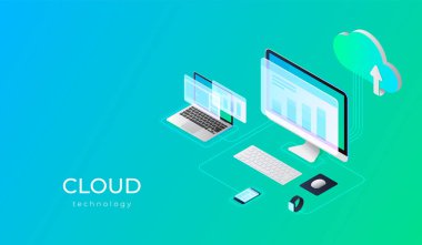 Bulut hesap yapmak teknoloji kullanıcılar ağ yapılandırma izometrik reklam poster pc monitör tablet telefon laptop vektör çizim ile