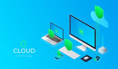 Bulut hesap yapmak teknoloji kullanıcılar ağ yapılandırma izometrik reklam poster pc monitör tablet telefon laptop vektör çizim ile