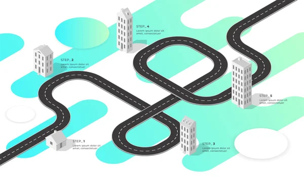 Infografica della mappa di navigazione isometrica. Strada tortuosa. Illustrazione vettoriale . — Vettoriale Stock