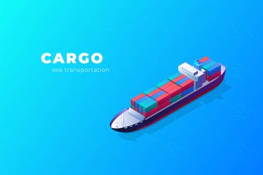 İzometrik kargo gemisi okyanus ulaşım kapsayıcısında. illüstrasyon vektör