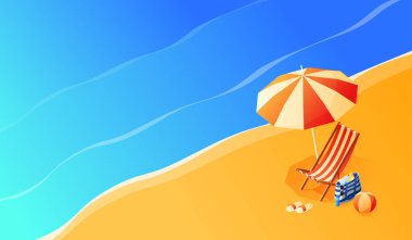 Tatil ve seyahat kavramı. Şemsiye, plaj. Düz stil vektör çizim