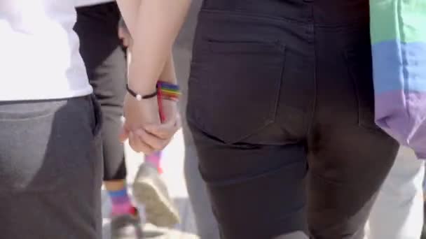 Lesbisk Par Promenader Hand Till Hand Pride Day — Stockvideo