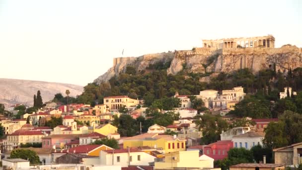 Die Akropolis Von Athen Griechenland Mit Dem Parthenontempel Bei Sonnenuntergang — Stockvideo