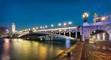 Panoramic görüntülemek ışıklı Alexander III Köprüsü gece karanlığında. Bir güverte kemer köprü, şehrin en süslü, savurgan köprü olarak kabul oldu