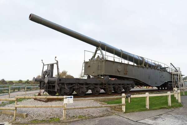 German canon on the train by the Batterie Todt, German gun emplacement of the Second world war in Audinghen, near Cape Gris Nez, Pas de Calais, France. Batterie Todt is part of Atlantic Wall.