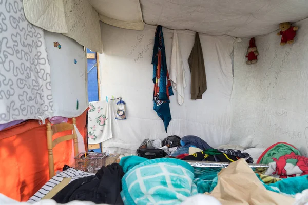 Calais Francja Października 2016 Roku Wnętrze Chaty Uchodźców Dżungli Calais — Zdjęcie stockowe