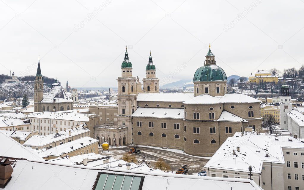 Beautiful view of the historic city of Salzburg in winter , Salzburger Land, Austria