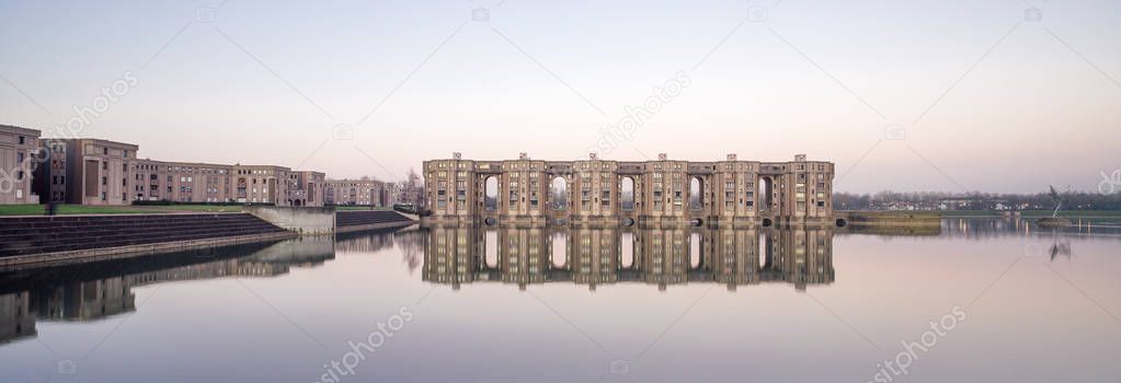Montigny-le-Bretonneux, France - December 29, 2016: Built in 1981, the Arcades du Lac is an ensemble of apartment buildings in the outer Paris. It's designed by architect Ricardo Bofill. 
