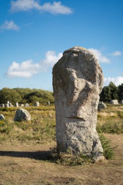 Dikilitaş ve Dolmen. Satır duran megalitik hizalamaları anıtlar Brittany taşlar. Carnac, Fransa küçük bir köy