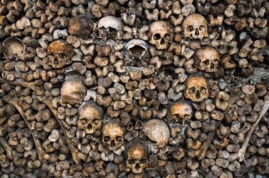 İnsan kafatasları bir kalp Paris Catacomb içinde oluştururlar.