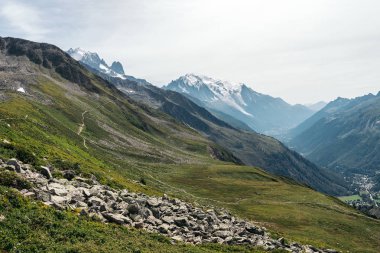 Alp Dağları ve vadi, Chamonix-Mont-Blanc, Haute-Savoie, Auvergne-Rhône-Alpes. Mont Blanc massif içinde bir dağdır. Buzul du Tour ve buzul d'Argentiere arasında yer alır