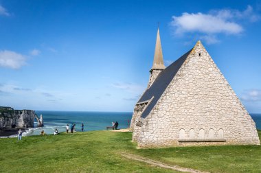 Church Notre Dame de la Garde chapel and Etretat Aval cliff, Normandy, France, Europe