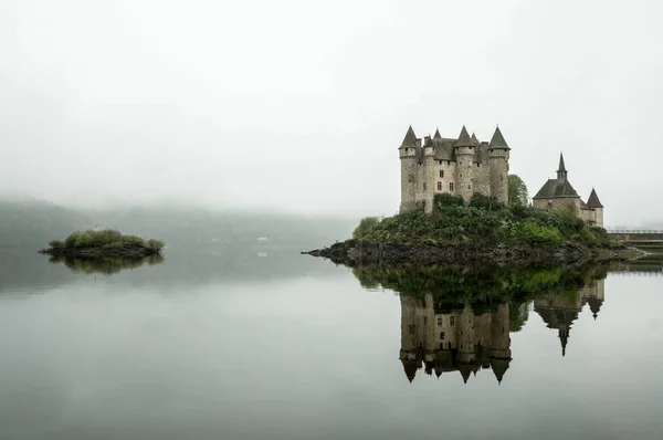 Panoramic Landscape Chateau Val Foggy Morning Auvergne France — Stock Photo, Image