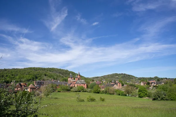 Panorámás Kilátás Collonges Rouge Gyönyörű Piros Falu Franciaország Collonges Rouge — Stock Fotó