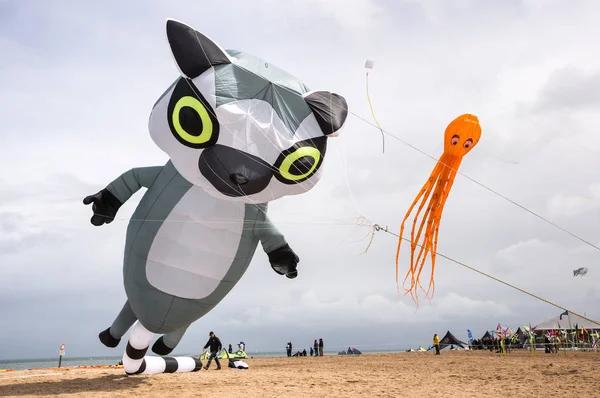 ウルガット フランス 2014 ビーチ上空を飛ぶ動物や魚の形の凧 ウルガットはノルマンディー フランスの海岸沿い町 — ストック写真