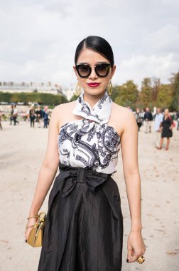 Paris - Ekim 2016: Paris moda haftası sırasında şık kadın. New York, Londra ve Milan Fashion week ile onlar dünyanın dört büyük moda etkinlikleri vardır