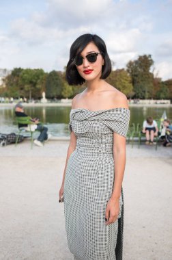 Paris - Ekim 2016: Paris moda haftası sırasında şık kadın. New York, Londra ve Milan Fashion week ile onlar dünyanın dört büyük moda etkinlikleri vardır