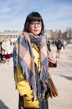Paris - Ekim 2016: Paris moda haftası sırasında şık kadın. New York, Londra ve Milan Fashion week ile onlar dünyanın dört büyük moda etkinlikleri vardır