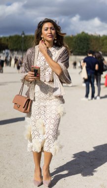 Paris - Ekim 2016: Paris moda haftası sırasında şık kadın. New York, Londra ve Milan Fashion week ile onlar dünyanın dört büyük moda etkinlikleri vardır
