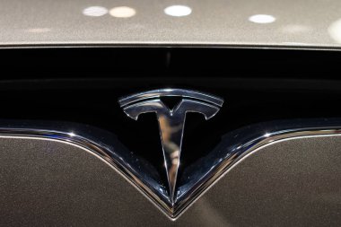 Paris, Fransa - 11 Ekim 2016: Tesla marka logosu araba