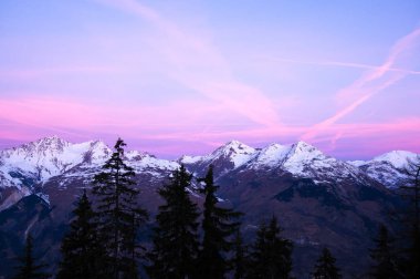 Alps, Savoie, Fransa için ön plan üzerinde pines ile şafak dağlar