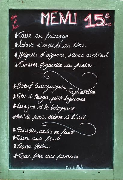 Francouzské Restaurace Menu Napsaný Křídy Tabuli — Stock fotografie